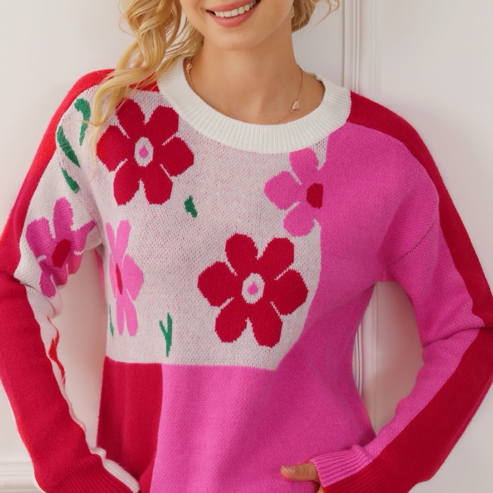 JODIFL Pink and Red Floral Sweater Size Women’s Medium New Without Tags